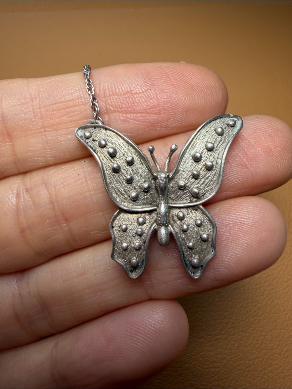 Vintage JCF Sterling Silver Textured Butterfly Pendant Necklace